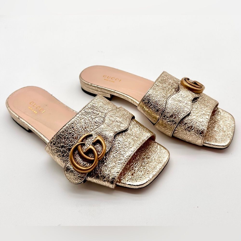 Gucci Marmont Double G Slide Sandals Gold Metallic Leather GG Flat EU 36 US 6 - Picture 11 of 12